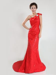Fitting One Shoulder Sleeveless Sequined Mother Of The Bride Dress Sequins and Bowknot Sweep Train Zipper