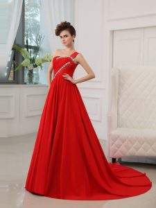 New Arrival One Shoulder Zipper Homecoming Dress Red for Prom and Party with Beading and Ruching Court Train