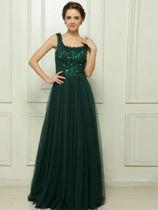 Square Sleeveless Tulle Prom Dress Beading Sweep Train Zipper