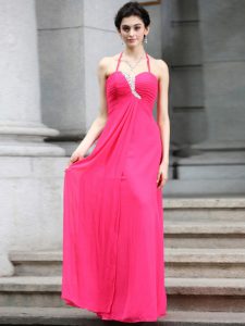 Halter Top Sleeveless Zipper Mother Of The Bride Dress Hot Pink Chiffon