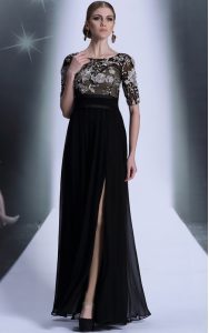 Scoop Black Half Sleeves Chiffon Zipper Prom Gown for Prom and Party