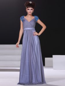 Decent Short Sleeves Floor Length Beading and Ruching Zipper with Lavender