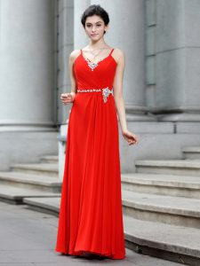 Coral Red Column/Sheath Chiffon Spaghetti Straps Sleeveless Beading Floor Length Zipper Dress for Prom