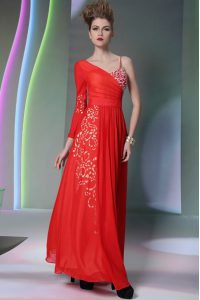 Sexy Asymmetric Long Sleeves Mother Of The Bride Dress Floor Length Beading and Embroidery Coral Red Chiffon