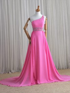 High End One Shoulder Sleeveless Brush Train Lace Up Mother Of The Bride Dress Rose Pink Chiffon