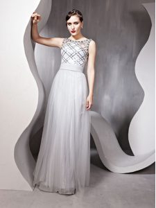 Romantic Scoop Silver Sleeveless Floor Length Beading Zipper Mother Of The Bride Dress