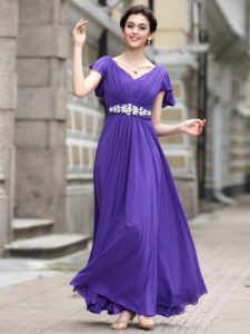 Designer Purple Column/Sheath V-neck Cap Sleeves Chiffon Ankle Length Zipper Beading and Appliques and Ruching Mother Of The Bride Dress