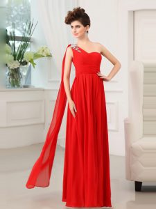 Sumptuous One Shoulder Floor Length Zipper Mother Of The Bride Dress Red for Prom and Party with Beading and Sashes ribbons and Ruching