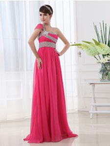 Custom Made With Train Hot Pink Prom Party Dress One Shoulder Cap Sleeves Brush Train Side Zipper