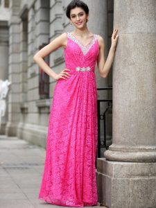 Hot Pink Column/Sheath Lace V-neck Sleeveless Beading and Lace Floor Length Zipper Mother Of The Bride Dress