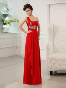 Modest One Shoulder Sleeveless Chiffon Floor Length Zipper Prom Dresses in Red with Beading and Appliques and Ruching
