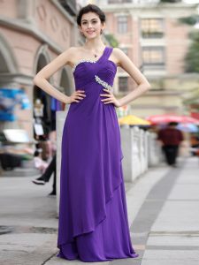 Graceful One Shoulder Purple Sleeveless Floor Length Beading Zipper Dress for Prom