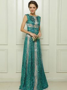 On Sale Scoop Teal Sleeveless Floor Length Beading and Sequins Zipper Mother Of The Bride Dress