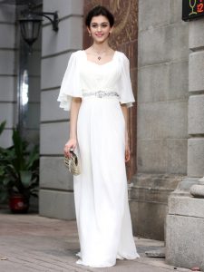 Sweet White Column/Sheath Square Half Sleeves Chiffon Floor Length Zipper Beading Prom Dress