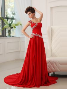 Dramatic One Shoulder Red Sleeveless With Train Beading and Ruching Zipper Prom Dresses
