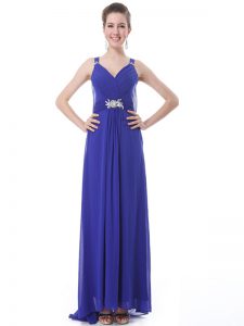 Enchanting Beading and Ruching Mother Of The Bride Dress Blue Side Zipper Sleeveless With Brush Train