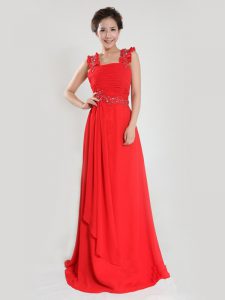 Deluxe Straps Sleeveless Prom Evening Gown Floor Length Beading and Ruching Coral Red Chiffon