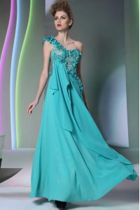 Graceful One Shoulder Sleeveless Chiffon Floor Length Side Zipper Mother Of The Bride Dress in Teal with Lace and Hand Made Flower