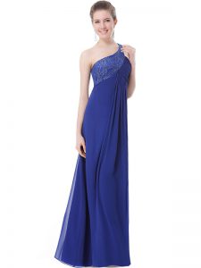 Deluxe Floor Length Blue Prom Evening Gown One Shoulder Sleeveless Criss Cross