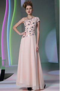 Clearance One Shoulder Baby Pink Cap Sleeves Floor Length Beading and Appliques Side Zipper Mother Of The Bride Dress