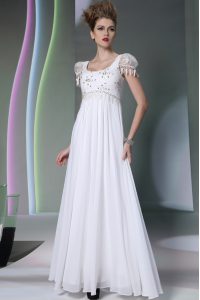 White Empire Scoop Sleeveless Chiffon Floor Length Zipper Beading and Lace Homecoming Dress