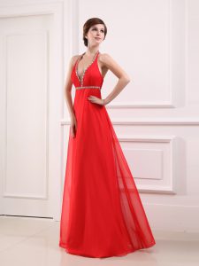 Free and Easy Column/Sheath Mother Of The Bride Dress Coral Red Halter Top Chiffon Sleeveless Floor Length Zipper