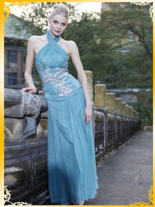 Light Blue Zipper Halter Top Appliques Prom Evening Gown Chiffon Sleeveless