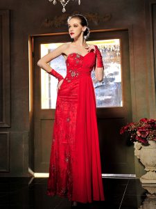 Hot Sale Floor Length Red Mother Of The Bride Dress Satin Sleeveless Beading and Ruching