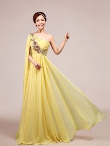 Flare One Shoulder Light Yellow Sleeveless Chiffon Sweep Train Zipper Mother Of The Bride Dress for Prom and Party