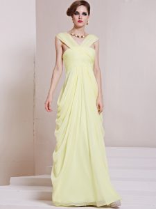 Ruching Mother Of The Bride Dress Light Yellow Criss Cross Sleeveless Floor Length