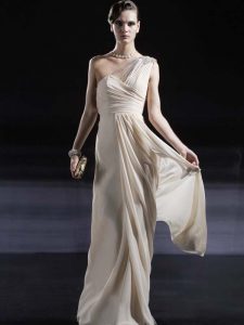 One Shoulder Floor Length Column/Sheath Sleeveless Champagne Prom Evening Gown Criss Cross
