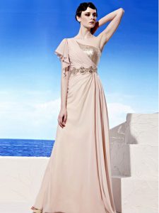 Free and Easy One Shoulder Floor Length Side Zipper Prom Dresses Peach for Prom and Party with Sequins and Ruching