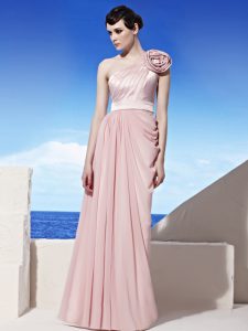 Wonderful Pink Side Zipper One Shoulder Ruching and Hand Made Flower Prom Party Dress Chiffon Sleeveless