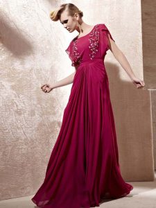 Scoop Fuchsia Chiffon Zipper Homecoming Dress Cap Sleeves Floor Length Beading