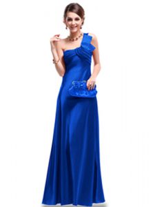 Glittering Satin One Shoulder Sleeveless Criss Cross Ruching Prom Dresses in Royal Blue