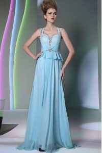 Scoop Light Blue Sleeveless Floor Length Beading Zipper Evening Dress