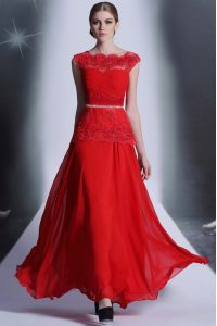 Scalloped Sleeveless Chiffon Floor Length Side Zipper Mother Of The Bride Dress in Red with Beading and Lace
