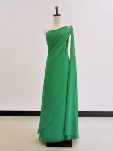 Vintage One Shoulder Green Chiffon Zipper Mother Of The Bride Dress Long Sleeves Floor Length Ruching