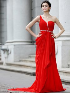 Luxury Brush Train Column/Sheath Mother Of The Bride Dress Red One Shoulder Chiffon Sleeveless With Train Zipper