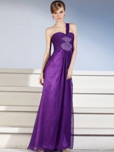 Comfortable Purple One Shoulder Zipper Ruching and Bowknot Mother Of The Bride Dress Sleeveless