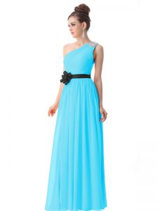 Exquisite One Shoulder Blue Chiffon Side Zipper Mother Of The Bride Dress Sleeveless Floor Length Beading and Ruching and Belt