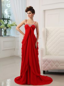 Traditional Red Column/Sheath Beading and Ruching Mother Of The Bride Dress Zipper Chiffon Sleeveless With Train