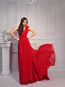 One Shoulder Sleeveless With Train Hand Made Flower Lace Up Mother Of The Bride Dress with Red Court Train