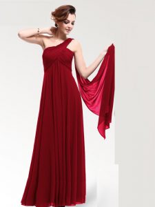 One Shoulder Wine Red Chiffon Zipper Mother Of The Bride Dress Sleeveless Floor Length Ruching