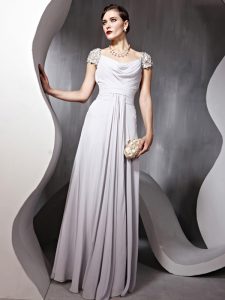 Floor Length Zipper Mother Of The Bride Dress Silver for Prom and Party with Beading and Ruching