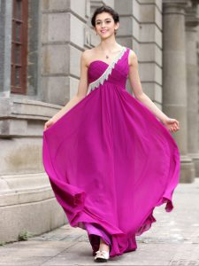 Attractive Fuchsia One Shoulder Zipper Beading Evening Dress Sleeveless