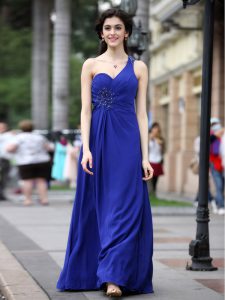 Luxury Royal Blue Column/Sheath One Shoulder Sleeveless Chiffon Floor Length Side Zipper Beading and Ruching Prom Evening Gown