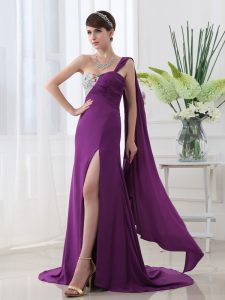 Amazing One Shoulder Sleeveless With Train Beading and Sashes ribbons Zipper Prom Gown with Purple Brush Train