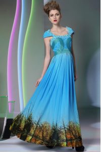Wonderful Sleeveless Printed Floor Length Zipper Mother Of The Bride Dress in Baby Blue with Appliques and Pattern