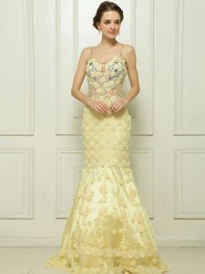 Mermaid Light Yellow Side Zipper Spaghetti Straps Beading and Hand Made Flower Prom Dress Tulle Sleeveless Brush Train